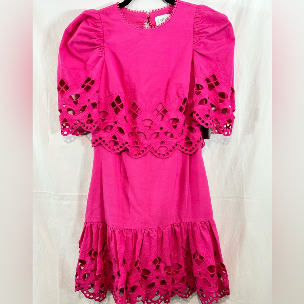 New Saylor Auroette Eyelet Puff‎ Sleeve Cotton Poplin Dress in Hot Pink Size XS - Picture 6 of 14